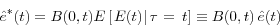 \begin{displaymath} \hat {e}^\ast (t)=B(0,t)E\left[ {\left. {E(t)} \right\vert\tau {\kern 1pt}={\kern 1pt}{\kern 1pt}t} \right]\equiv B(0,t){\kern 1pt}{\kern 1pt}\hat {e}(t) \end{displaymath}