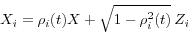 \begin{displaymath} X_i =\rho _i (t)X+\sqrt {1-\rho _i^2 (t)} {\kern 1pt}{\kern 1pt}Z_i \end{displaymath}
