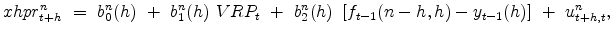 \displaystyle xhpr_{t+h}^n \ = \ b_0^n(h) \ + \ b_1^n(h) \ {VRP_t} \ + \ b_2^n(h)\ \left[f_{t-1}(n-h,h)-y_{t-1}(h)\right] \ + \ u_{t+h,t}^n,