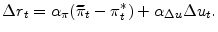 \displaystyle \Delta r_{t}=\alpha_{\pi}(\widetilde{\pi}_{t}-\pi_{t}^{\ast})+\alpha_{\Delta u}\Delta u_{t}.% 