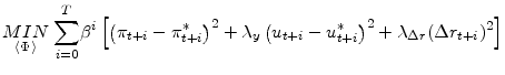 \displaystyle \underset{\langle\Phi\rangle}{MIN}\;% {\displaystyle\sum\limits_{i=0}^{T}} \beta^{i}\left[ \left( \pi_{t+i}-\pi_{t+i}^{\ast}\right) ^{2}+\lambda _{y}\left( u_{t+i}-u_{t+i}^{\ast}\right) ^{2}+\lambda_{\Delta r}(\Delta r_{t+i})^{2}\right] % 