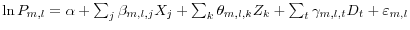 \ln P_{m,l} = \alpha +\sum\nolimits_j {\beta _{m,l,j} } X_j + \sum\nolimits_k {\theta _{m,l,k} } Z_k +\sum\nolimits_t {\gamma _{m,l,t} } D_t +\varepsilon _{m,l} 
