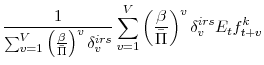 \displaystyle \frac{1}{\sum_{v=1}^{V} \left(\frac{\beta}{\bar{\Pi}}\right)^{v}\delta^{irs}_{v}} \sum_{v=1}^{V} \left(\frac{\beta}{\bar{\Pi}}\right)^{v} \delta^{irs}_{v} E_{t} f^{k}_{t+v}