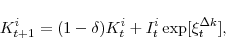 \begin{displaymath} K^{i}_{t+1}=(1-\delta)K^{i}_{t}+I^{i}_{t}\exp[\xi^{\Delta k}_{t}], \end{displaymath}
