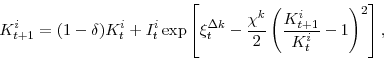 \begin{displaymath} K^{i}_{t+1}=(1-\delta)K^{i}_{t}+I^{i}_{t}\exp\left[\xi^{\Delta k}_{t} -\frac{\chi^{k}}{2} \left(\frac{K^{i}_{t+1}}{K^{i}_{t}}-1\right)^{2}\right], \end{displaymath}