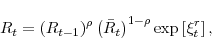 \begin{displaymath} R_{t} = \left( R_{t-1} \right)^{\rho} \left( \bar R_t \right)^{1-\rho} \exp \left[ \xi^{r}_{t} \right], \end{displaymath}