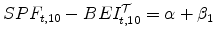 \displaystyle SPF_{t,10}-BEI_{t,10}^{\mathcal{T}}=\alpha+\beta_{1}