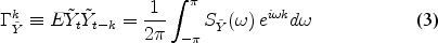 \begin{align} \Gamma_{\tilde Y}^k &\equiv E \tilde Y_t \tilde Y_{t-k} = \frac{1}{2\pi} \int_{-\pi}^\pi S_{\tilde Y}(\omega) \, e^{i\omega k} d\omega \end{align}