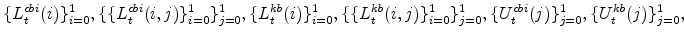 \displaystyle \{L^{cbi}_{t}(i)\}_{i=0}^{1},\{\{L^{cbi}_{t}(i,j)\}_{i=0}^{1}\}_{j=0}^{1}, \{L^{kb}_{t}(i)\}_{i=0}^{1},\{\{L^{kb}_{t}(i,j)\}_{i=0}^{1}\}_{j=0}^{1}, \{U^{cbi}_{t}(j)\}_{j=0}^{1},\{U^{kb}_{t}(j)\}_{j=0}^{1},