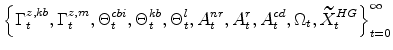 \displaystyle \left\{ \Gamma^{z,kb}_{t} ,\Gamma^{z,m}_{t} , \Theta^{cbi}_{t} ,\Theta^{kb}_{t} ,\Theta^{l}_{t}, A^{nr}_{t} ,A^{r}_{t},A^{cd}_{t} ,\Omega_t ,\widetilde{X}^{HG}_{t} \right\}_{t=0}^{\infty}