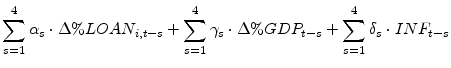 \displaystyle \sum_{s=1}^{4}\alpha_{s} \cdot \Delta\%LOAN_{i,t-s} + \sum_{s=1}^{4}\gamma_{s} \cdot \Delta\%GDP_{t-s} + \sum_{s=1}^{4}\delta_{s} \cdot INF_{t-s}