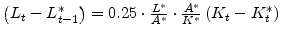  \left(L_{t}-L^{\ast}_{t-1}\right)=0.25\cdot\frac{L^{\ast}}{A^{\ast}}\cdot\frac{A^{\ast}}{K^{\ast}}\left(K_{t}-K^{\ast}_{t}\right)