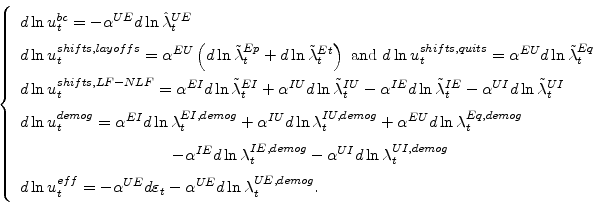 \begin{displaymath} \left\{ \begin{array}[c]{l}% d\ln u_{t}^{bc}=-\alpha^{UE}d\l... ...{t}-\alpha^{UE}d\ln\lambda _{t}^{UE,demog}. \end{array}\right. \end{displaymath}