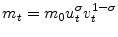 \displaystyle m_{t}=m_{0}u_{t}^{\sigma}v_{t}^{1-\sigma}% 