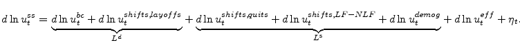 \displaystyle d\ln u_{t}^{ss}=\underset{L^{d}}{\underbrace{d\ln u_{t}^{bc}+d\ln u_{t}^{shifts,layoffs}}}+\underset{L^{s}}{\underbrace{d\ln u_{t}% ^{shifts,quits}+d\ln u_{t}^{shifts,LF-NLF}+d\ln u_{t}^{demog}}}+d\ln u_{t}^{eff}+\eta_{t}.% 