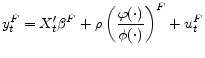 \displaystyle y_{t}^{F} = X_{t}'\beta^{F} + \rho \left( \frac{\varphi(\cdot)}{\phi(\cdot)} \right)^{F} + u_{t}^{F}