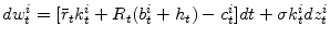  dw_t^i=[\bar{r}_t k_t^i +R_t(b_t^i+h_t) - c_t^i]dt+\sigma k_t^i dz_t^i