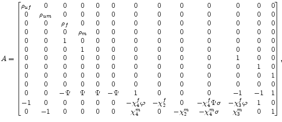 \displaystyle A= \begin{bmatrix} \rho_{uf} & 0 & 0 & 0 & 0 & 0 & 0 & 0 & 0 & 0 ... ..._{2}^{m} & -\chi_{4} ^{m}\sigma & \chi_{3}^{m} & 0 & 1 \end{bmatrix}{\small ,}