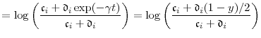 \displaystyle = \log\left(\frac{\ensuremath{\mathfrak{c}}_i+\ensuremath{\mathfrak{d}}_i\exp(-\ensuremath{\gamma}t)} {\ensuremath{\mathfrak{c}}_i+\ensuremath{\mathfrak{d}}_i}\right) = \log\left(\frac{\ensuremath{\mathfrak{c}}_i+\ensuremath{\mathfrak{d}}_i(1-y)/2}{\ensuremath{\mathfrak{c}}_i+\ensuremath{\mathfrak{d}}_i}\right)