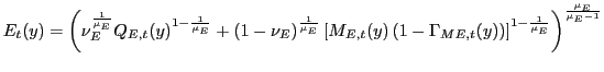 $\displaystyle E_{t}(y)=\left( \nu_{E}^{\frac{1}{\mu_{E}}}Q_{E,t}(y)^{1-\frac{1}... ...}(y)\right) \right] ^{1-\frac{1}{\mu_{E}}}\right) ^{\frac {\mu_{E}}{\mu_{E}-1}}$