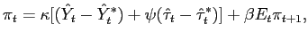$\displaystyle \pi_{t}=\kappa\lbrack(\hat{Y}_{t}-\hat{Y}_{t}^{\ast})+\psi(\hat{\tau}_{t} -\hat{\tau}_{t}^{\ast})]+\beta E_{t}\pi_{t+1},$