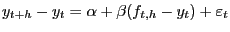 $\displaystyle y_{t+h} -y_{t} =\alpha+\beta(f_{t,h} -y_{t} )+\varepsilon_{t}$