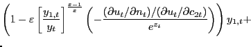 $\displaystyle \lefteqn{\left( 1-\varepsilon\left[ \frac{y_{1,t}}{y_{t}}\right] ... ...l n_{t})/(\partial u_{t}/\partial c_{2t})}{e^{z_{t}}}\right) \right) y_{1,t} +}$