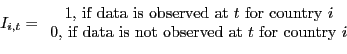 \begin{displaymath}I_{i,t}= \begin{array}[c]{c} \text{1, if data is observed at ... ... is not observed at }t\text{ for country }i\text{ } \end{array}\end{displaymath}
