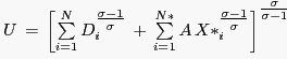 \begin{displaymath} \begin{array}
[c]{l}
(1)\,\,U\,=\,\left[  {\sum\limits_{i=1}^{N} {D_{i}^{\textstyle{\frac
{{\sigma-1} }{\sigma}}} \,+\,\sum\limits_{i=1}^{N\ast} {A\,X\ast
_{i}^{\textstyle{\frac{{\sigma-1} }{\sigma}}} } } } \right] ^{\textstyle{\frac
{\sigma}{{\sigma-1}}}}\\end{array}\end{displaymath}