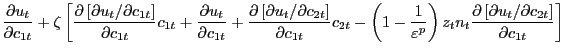 $\displaystyle \frac{\partial u_{t} }{\partial c_{1t} }+\xi\left[ {\frac{\partial\left[ {\partial u_{t} /\partial c_{1t} } \right] }{\partial c_{1t} }c_{1t} +\frac{\partial u_{t} }{\partial c_{1t} }+\frac{\partial\left[ {\partial u_{t} /\partial c_{2t} } \right] }{\partial c_{1t} }c_{2t} -\left( {1-\frac{1}{\varepsilon^{p}}} \right) z_{t} n_{t} \frac{\partial\left[ {\partial u_{t} /\partial c_{2t} } \right] }{\partial c_{1t} }} \right] $