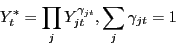 \begin{displaymath} Y_t^\ast =\prod\limits_j {Y_{jt} ^{\gamma _{jt} },\sum\limits_j {\gamma _{jt} =1} } \end{displaymath}
