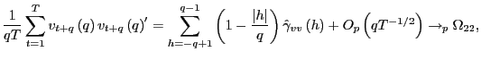 $\displaystyle \frac{1}{qT}\sum_{t=1}^{T}v_{t+q}\left( q\right) v_{t+q}\left( q\... ..._{vv}\left( h\right) +O_{p}\left( qT^{-1/2}\right) \rightarrow_{p}\Omega_{22}, $