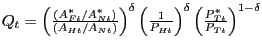$ Q_{t} =\left( {\frac{(A_{Ft}^{\ast}/A_{Nt}^{\ast})}{(A_{Ht} /A_{Nt} )}} \right... ... }} \right) ^{\delta}\left( {\frac{P_{Tt}^{\ast}}{P_{Tt} }} \right) ^{1-\delta}$
