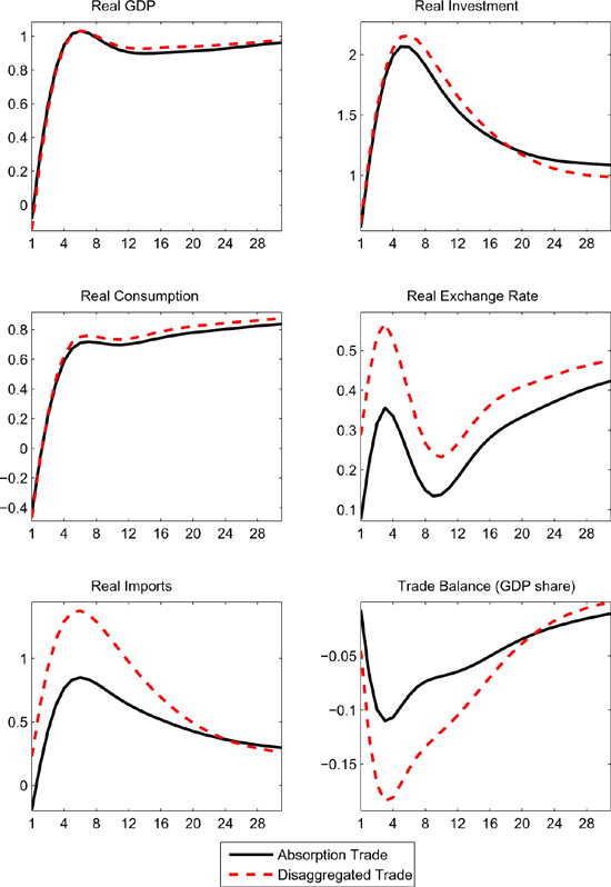 Figure 7 shows the effects of a technology shock that boosts the level of real GDP by 1 percent in the long run. The effects of the shock are qualitatively similar under either trade specification. In particular, because the technology shock pushes up the marginal product of capital, investment increases faster than output. Consumption also rises, though much less than output due to the restraining effect of higher real interest rates. The rise in absorption boosts imports under either trade specification, and causes the trade balance to deteriorate. However, given that the shock has a disproportionately large effect on investment spending, imports exhibit a more pronounced rise under the DT specification, and the trade balance deterioration is somewhat larger.