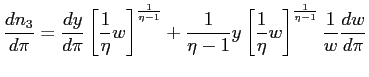 $\displaystyle \frac{dn_{3}}{d\pi}=\frac{dy}{d\pi}\left[ \frac{1}{\eta}w\right] ... ...}y\left[ \frac{1}{\eta}w\right] ^{\frac{1} {\eta-1}}\frac{1}{w}\frac{dw}{d\pi} $