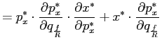 $\displaystyle =p_{x}^{\ast}\cdot\frac{\partial p_{x}^{\ast}}{\partial q_{\frac{... ...x}^{\ast}}+x^{\ast}\cdot \frac{\partial p_{x}^{\ast}}{\partial q_{\frac{f}{R}}}$