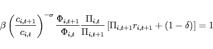 \begin{eqnarray*} && \beta \left( \frac{c_{i,t+1}}{c_{i,t}}\right) ^{-\sigma }\frac{\Phi _{i,t+1}}{\Phi _{i,t}}\frac{\Pi _{i,t}}{\Pi _{i,t+1}}\left[ \Pi _{i,t+1}r_{i,t+1}+\left( 1-\delta \right) \right] = 1 \end{eqnarray*}
