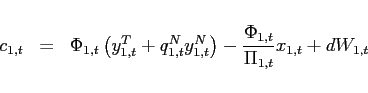 \begin{eqnarray*} c_{1,t} &=& \Phi _{1,t}\left( y_{1,t}^{T}+q_{1,t}^{N}y_{1,t}^{N}\right) -\frac{\Phi _{1,t}}{\Pi _{1,t}}x_{1,t}+dW_{1,t} \end{eqnarray*}