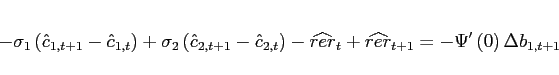 \begin{eqnarray*} -\sigma _{1}\left( \hat{c}_{1,t+1}-\hat{c}_{1,t}\right) +\sigma _{2}\left( \hat{c}_{2,t+1}-\hat{c}_{2,t}\right) -\widehat{rer}_{t}+\widehat{rer}_{t+1} =-\Psi ^{\prime }\left( 0\right) \Delta b_{1,t+1} \end{eqnarray*}