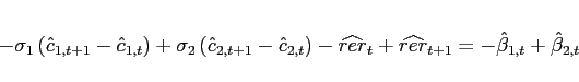 \begin{eqnarray*} -\sigma _{1}\left( \hat{c}_{1,t+1}-\hat{c}_{1,t}\right) +\sigma _{2}\left( \hat{c}_{2,t+1}-\hat{c}_{2,t}\right) -\widehat{rer}_{t}+\widehat{rer}_{t+1} = -\hat{\beta}_{1,t}+\hat{\beta}_{2,t} \end{eqnarray*}