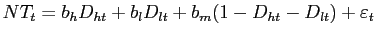 $\displaystyle NT_{t}=b_{h}D_{ht}+b_{l}D_{lt}+b_{m}(1-D_{ht}-D_{lt})+\varepsilon _{t}$