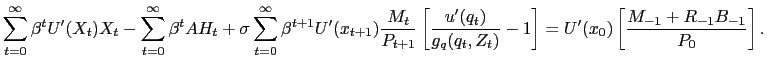 $\displaystyle \sum_{t=0}^{\infty} \beta^{t} U^{\prime}(X_{t}) X_{t} - \sum_{t=0}^{\infty} \beta^{t} A H_{t} + \sigma\sum_{t=0}^{\infty} \beta^{t+1} U^{\prime}(x_{t+1}) \frac{M_{t}}{P_{t+1}} \left[ \frac{u^{\prime}(q_{t})}{g_{q}(q_{t},Z_{t})} -1 \right] = U^{\prime}(x_{0}) \left[ \frac{M_{-1} + R_{-1}B_{-1}}{P_{0} }\right] .$
