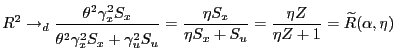 $\displaystyle R^{2} \to_{d} \frac{\theta^{2}\gamma_{x}^{2} S_{x}}{\T\theta^{2} \gamma_{x}^{2} S_{x}+\gamma_{u}^{2} S_{u}}=\frac{\eta S_{x}}{\eta S_{x}+S_{u}} =\frac{\eta Z}{\eta Z+1} = {\widetilde{R}}(\alpha,\eta)\,$