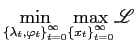 $\displaystyle \underset{\left\{ \lambda_{t},\varphi_{t}\right\} _{t=0}^{\infty}}{\min }\underset{\left\{ x_{t}\right\} _{t=0}^{\infty}}{\max}\mathscr{L}$