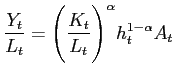 $\displaystyle \frac{Y_t}{L_t} = \Bigg( \frac{K_t}{L_t} \Bigg )^\alpha h_t^{1-\alpha} A_t$