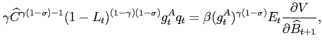 $\displaystyle \gamma \widehat{C}^{\gamma(1-\sigma)-1}(1-L_t)^{(1-\gamma)(1-\sigma)}g_t^Aq_t=\beta (g^A_t)^{\gamma(1-\sigma)}E_t\frac{\partial V}{\partial \widehat{B}_{t+1}},$