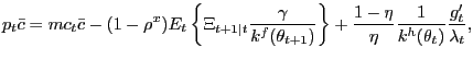 $\displaystyle p_{t} \bar{c} = mc_{t} \bar{c} - (1-\rho^{x}) E_{t} \left\{ \Xi_{t+1\vert t} \frac{\gamma}{k^{f}(\theta_{t+1})} \right\} + \frac{1-\eta}{\eta} \frac {1}{k^{h}(\theta_{t})}\frac{g^{\prime}_{t}}{\lambda_{t}},$