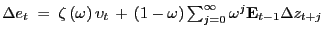 $ \Delta e_{t} \; = \; \zeta\left( \omega\right) \upsilon_{t} \, + \, (1 - \omega) \sum_{j=0}^{\infty} \omega^{j}\mathbf{E}_{t-1} \Delta z_{t+j}$