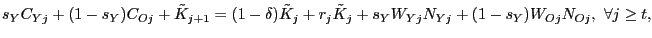 $\displaystyle s_{Y}C_{Yj}+(1-s_{Y})C_{Oj}+\tilde{K}_{j+1}=(1-\delta)\tilde{K}_{j} +r_{j}\tilde{K}_{j}+s_{Y}W_{Yj}N_{Yj}+(1-s_{Y})W_{Oj}N_{Oj},\ \forall j\geq t, $