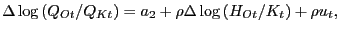 $\displaystyle \Delta\log\left( Q_{Ot}/Q_{Kt}\right) =a_{2}+\rho\Delta\log\left( H_{Ot}/K_{t}\right) +\rho u_{t},$